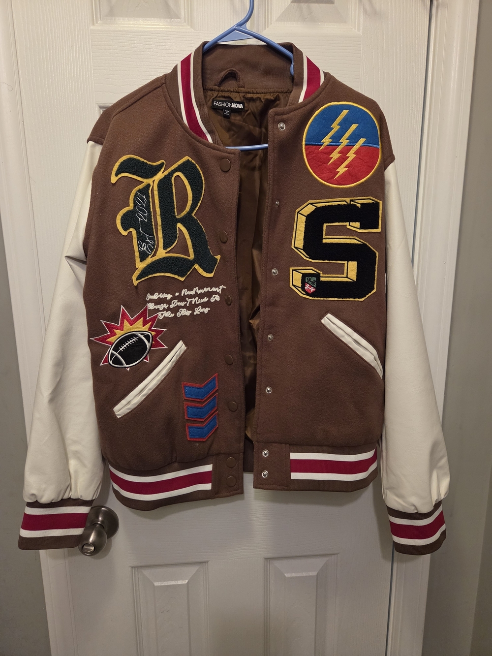 Fashion Nova Brown and Cream Varsity Jacket with Patches